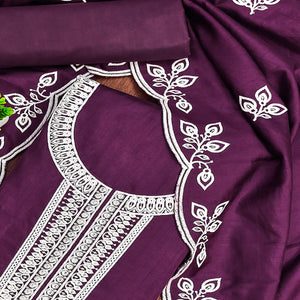 Purple Intricate Floral Embroidered Cotton Blend Dress Material