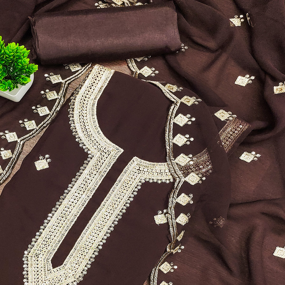 Rich Dark Brown Georgette Dress Material With Dazzling Sequins Embroidery