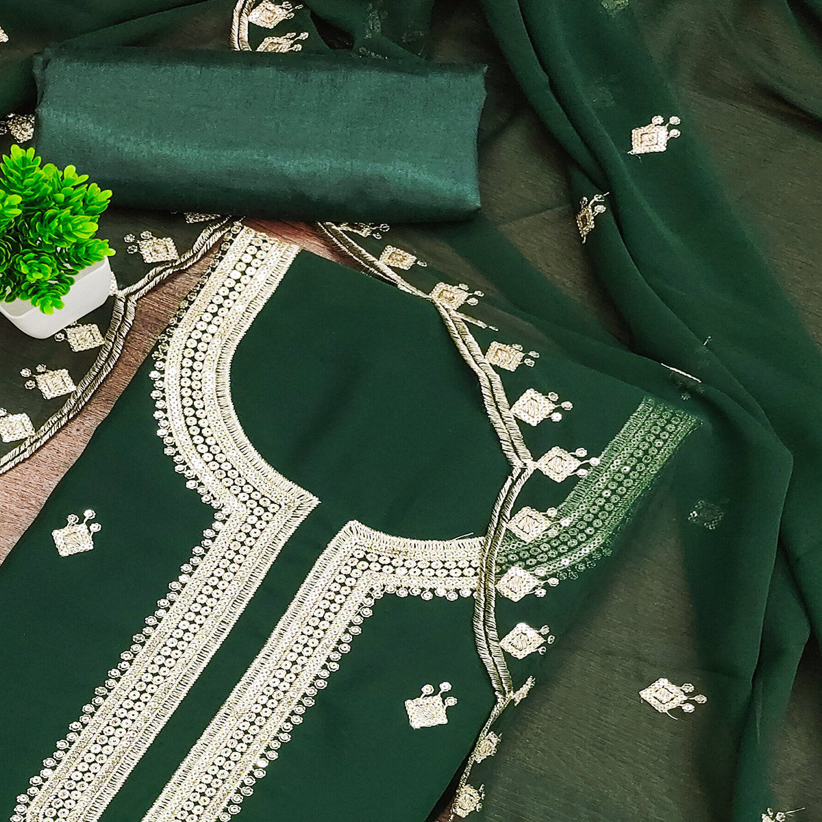 Rich Green Georgette Dress Material With Dazzling Sequins Embroidery