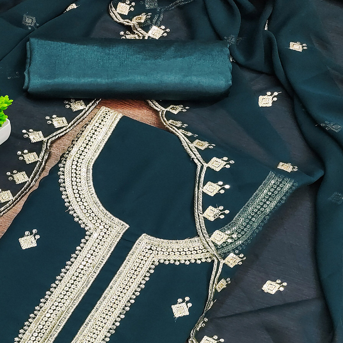 Rich Teal Georgette Dress Material With Dazzling Sequins Embroidery