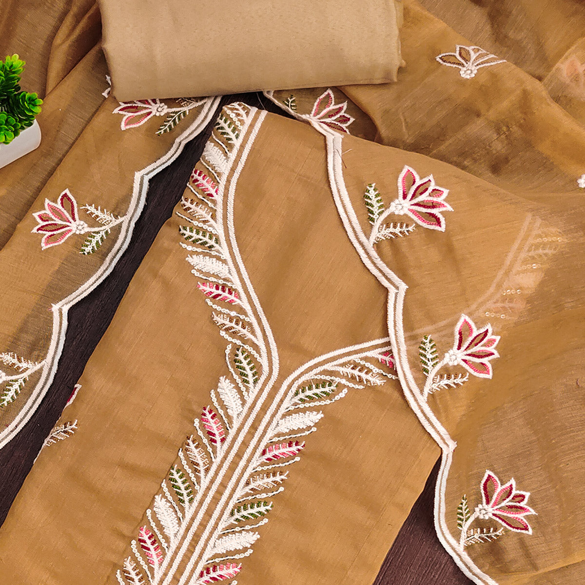 Luxurious Chikoo Chanderi Cotton Dress Material With Floral Thread Embroidery & Sequins