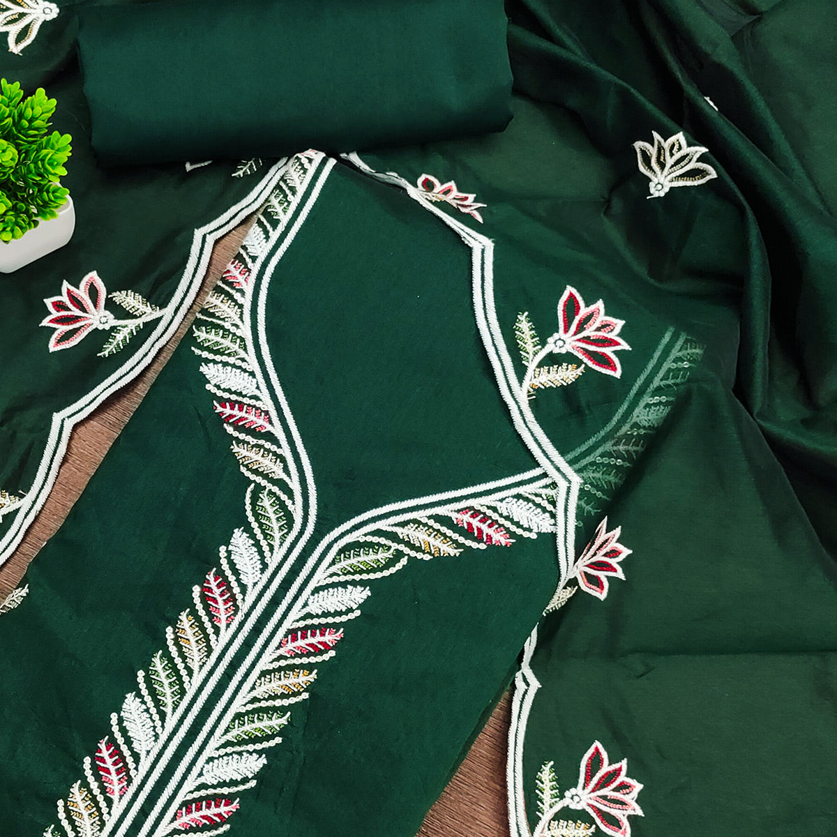 Elegant Green Chanderi Cotton Dress Material With Floral Thread Embroidery & Sequins Work