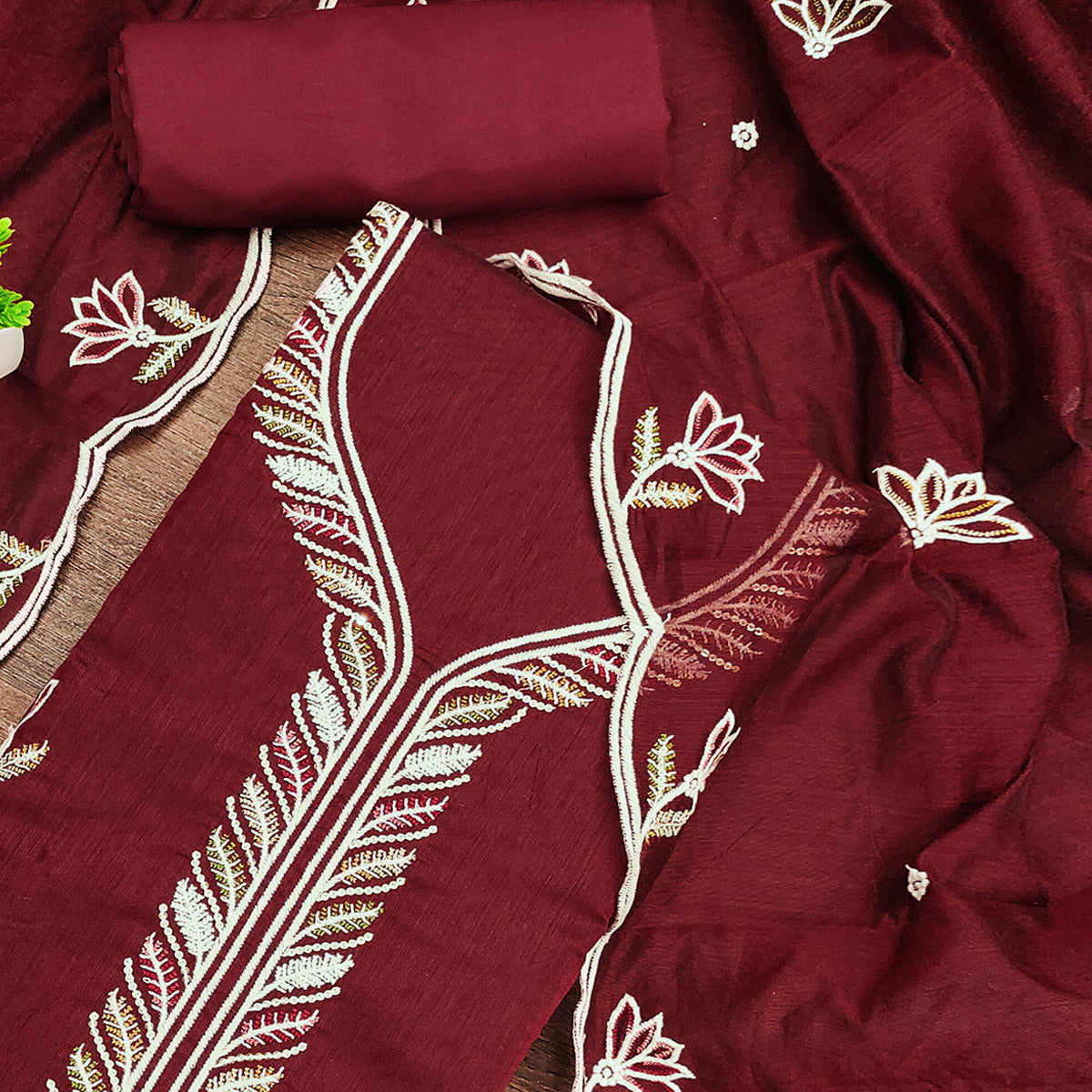 Rich Maroon Chanderi Cotton Dress Material With Exquisite Floral Thread Embroidery & Sequins Work