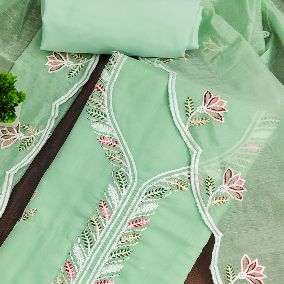 Rich Mint Green Chanderi Cotton Dress Material With Exquisite Floral Thread Embroidery & Sequins