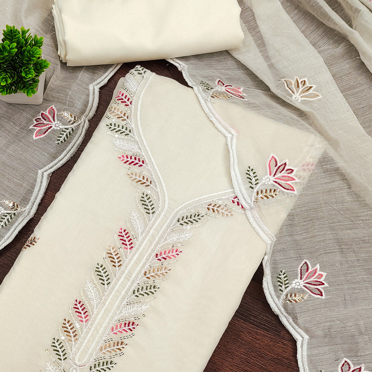 Elegant Off-White Chanderi Cotton Dress Material With Floral Thread Embroidery & Sequins Work