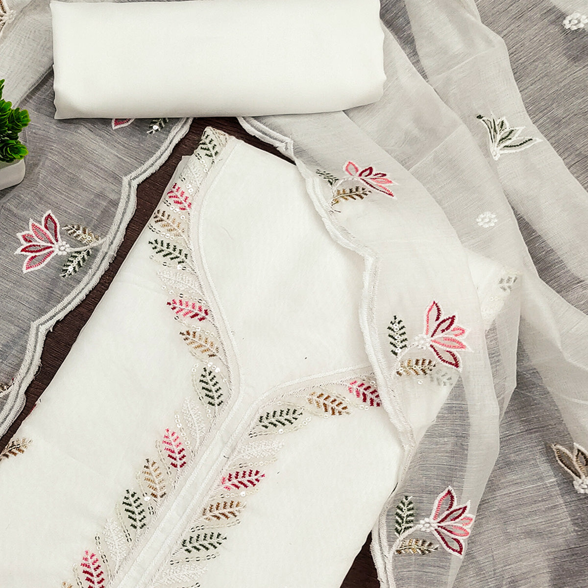 Ethereal White Chanderi Cotton Dress Material With Floral Thread Embroidery & Sequins Work