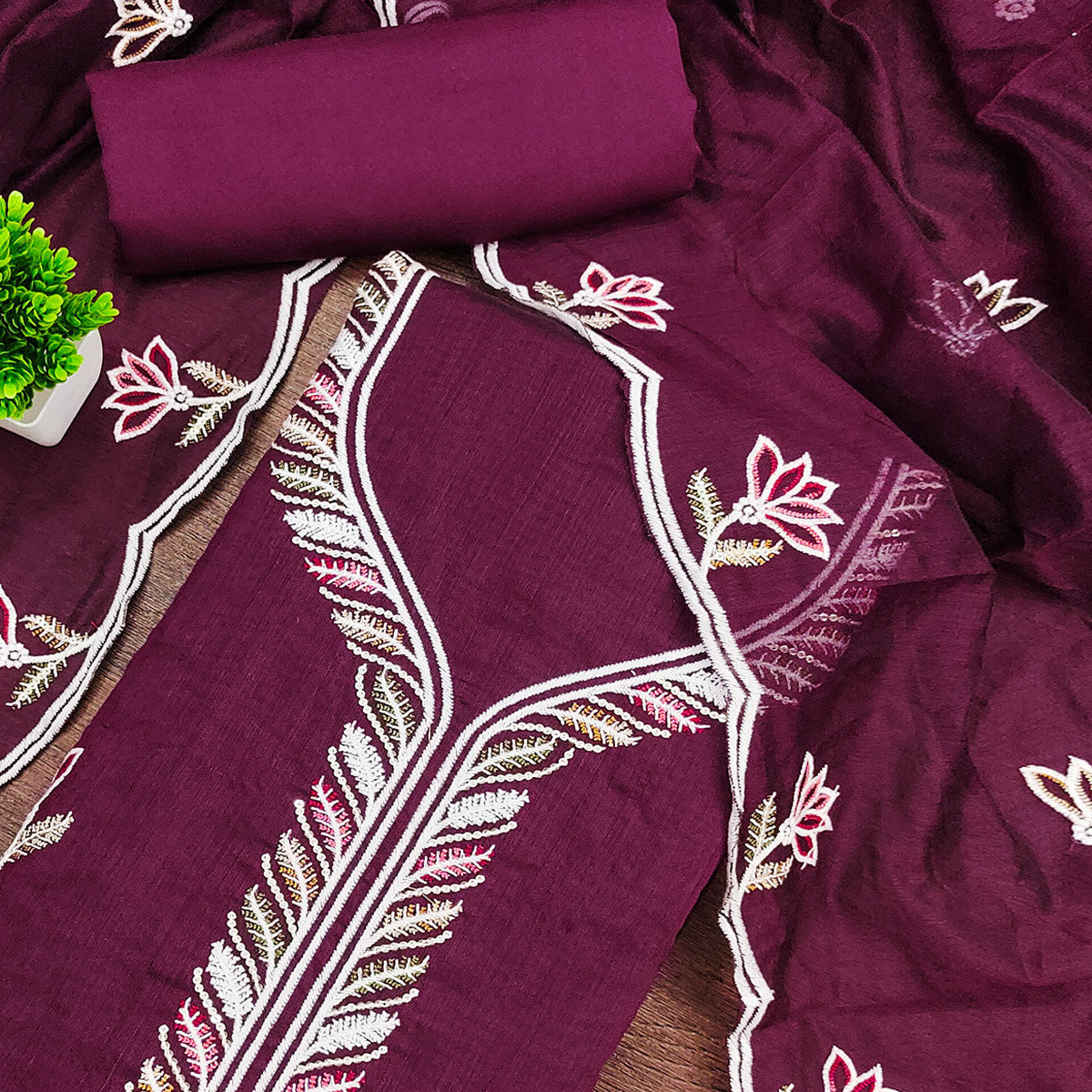 Luxurious Wine Chanderi Cotton Dress Material With Floral Thread Embroidery & Sequins Work