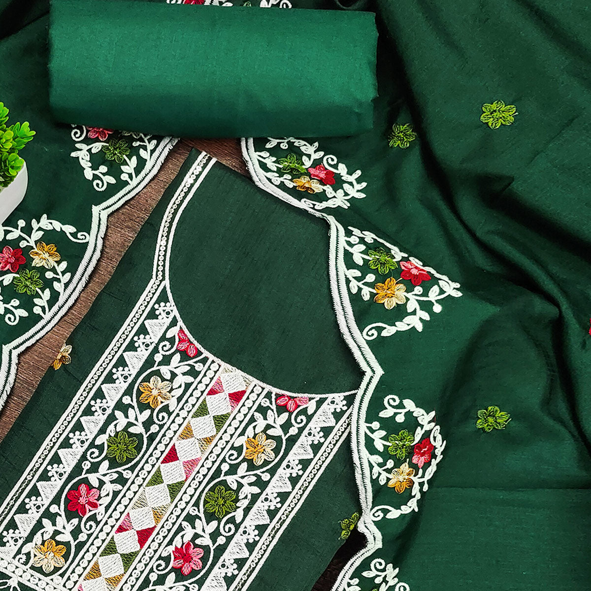 Enchanting Green Floral Sequin Embroidered Cotton Blend Dress Material