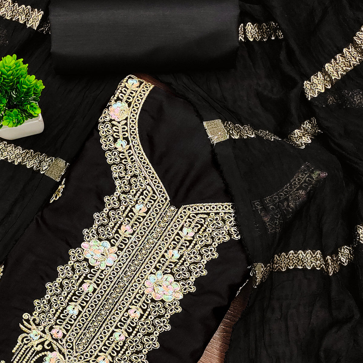 Black Pure Cotton Dress Material with Elegant Embroidery