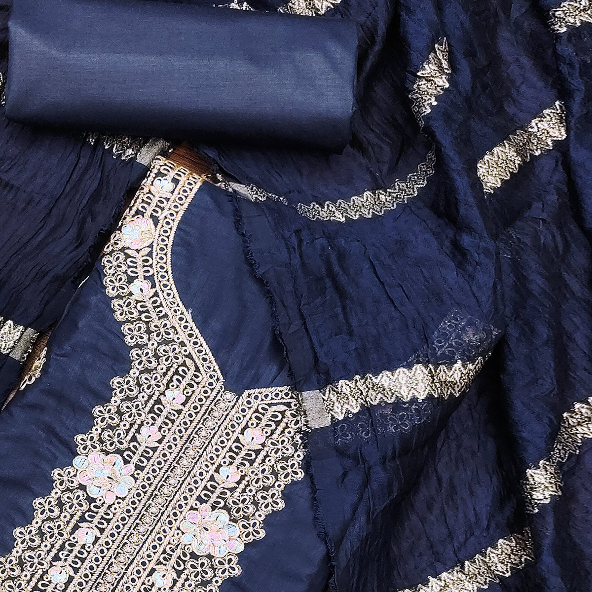 Blue Pure Cotton Dress Material with Elegant Embroidery