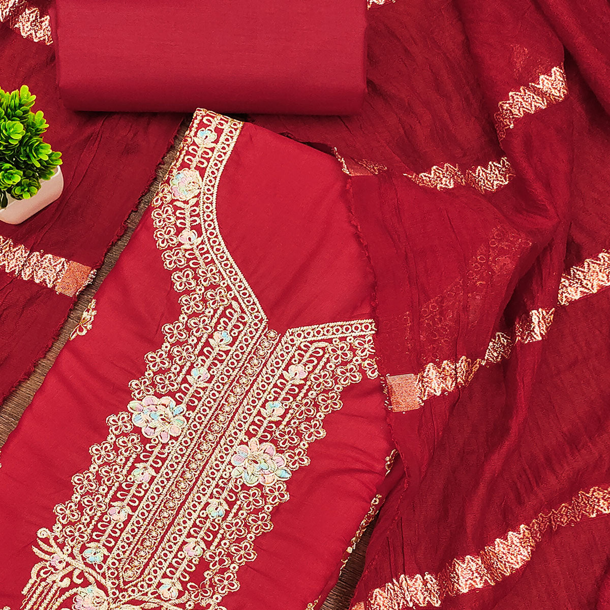 Red Pure Cotton Dress Material with Elegant Embroidery