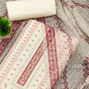 Off-White and Maroon Unstitched Suit Material with Classic Schiffli Detailing