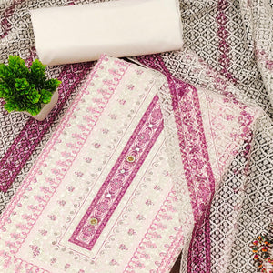 Off-White and Pink Unstitched Suit Material with Classic Schiffli Detailing
