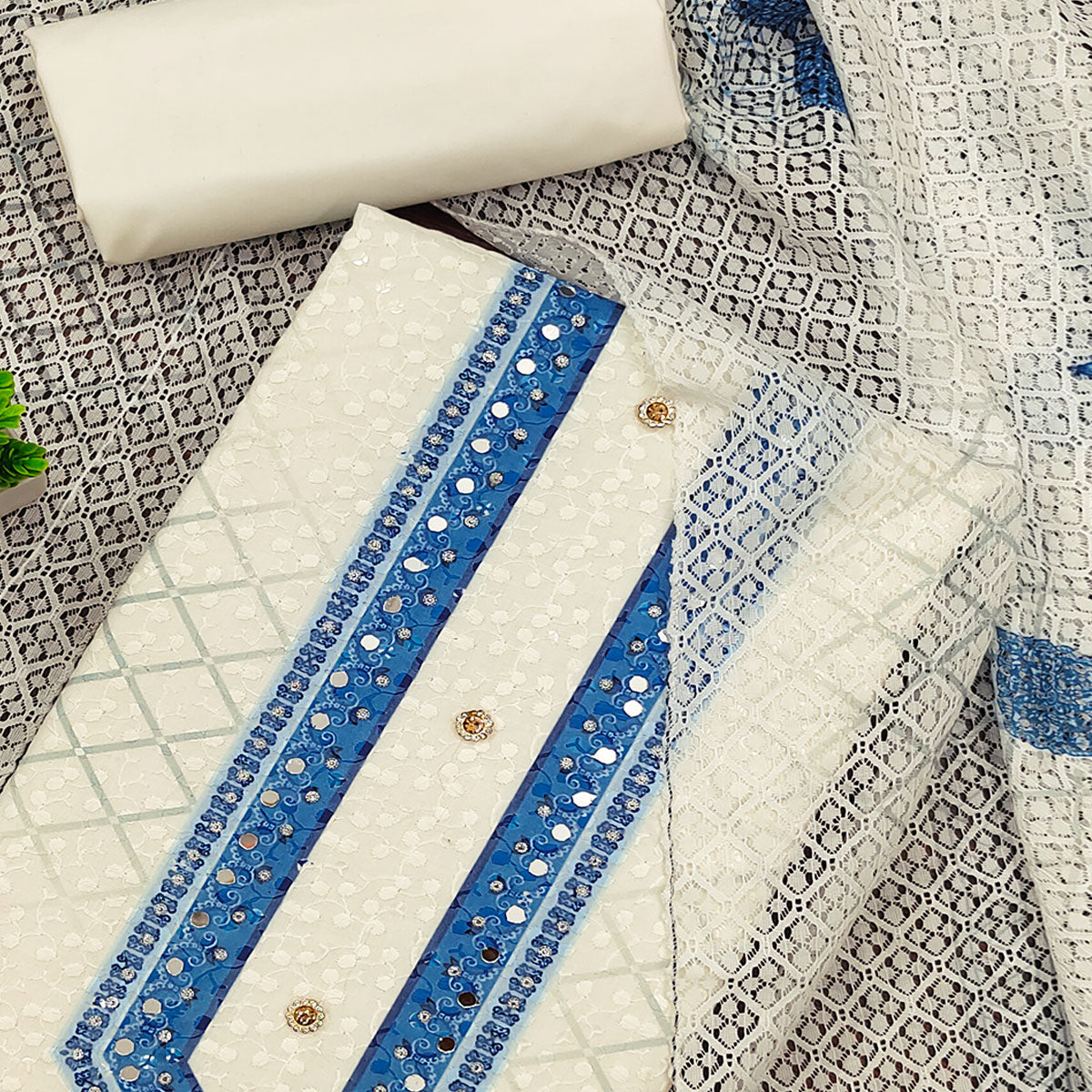 Off-White and Blue Unstitched Suit Material with Classic Schiffli Detailing