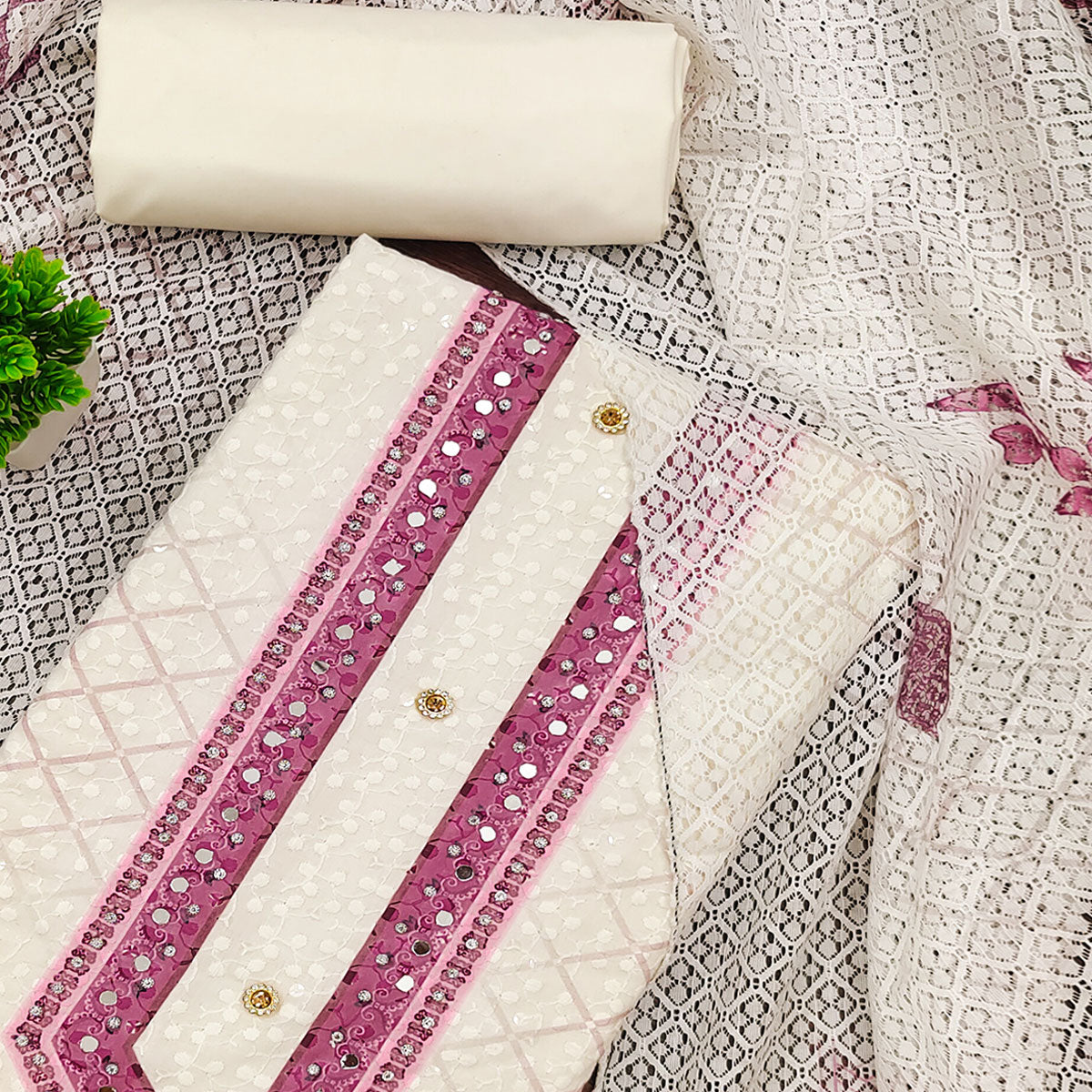 Off-White and Pink Unstitched Suit Material with Classic Schiffli Detailing