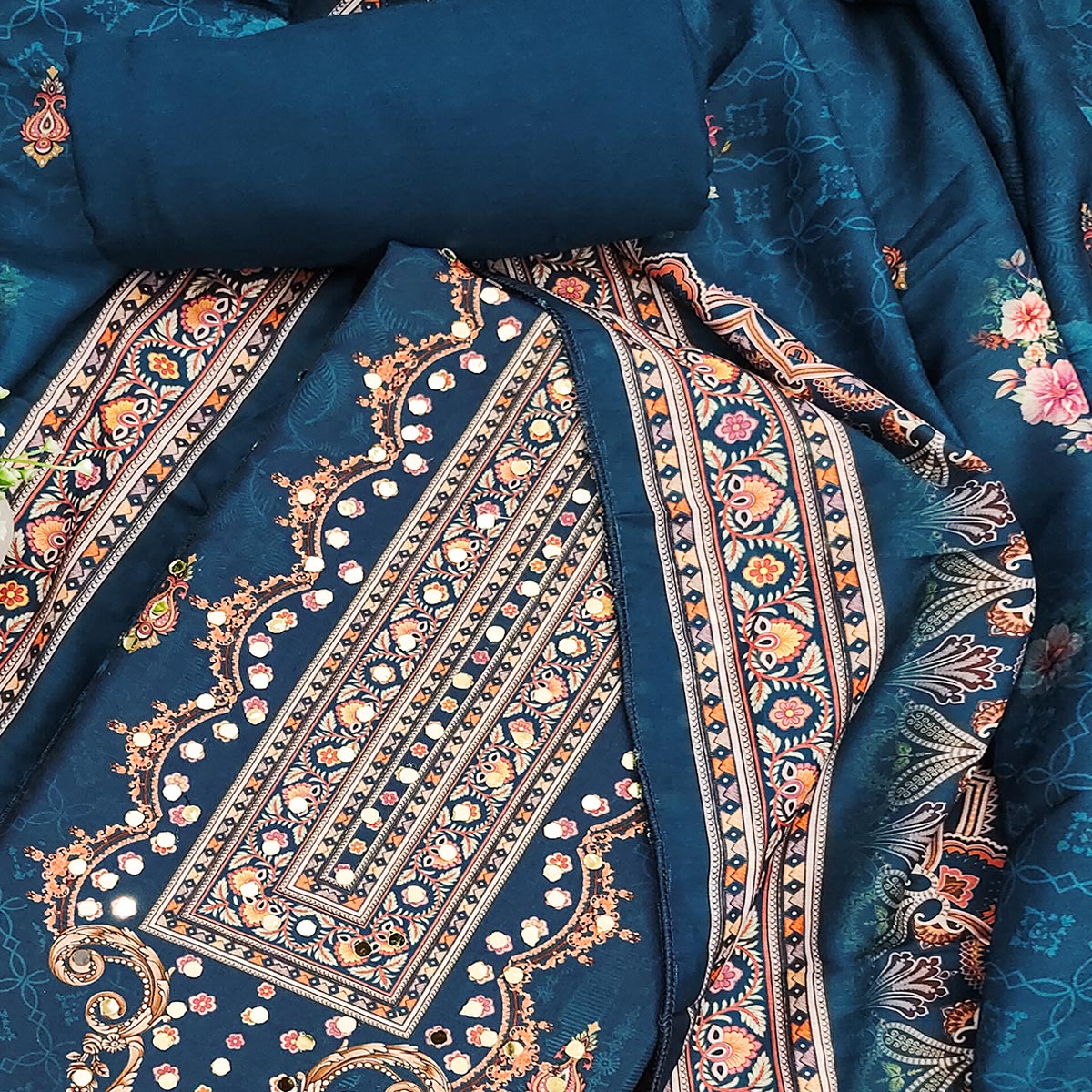Teal Muslin Suit Fabric Featuring Floral Print & Stone Highlights