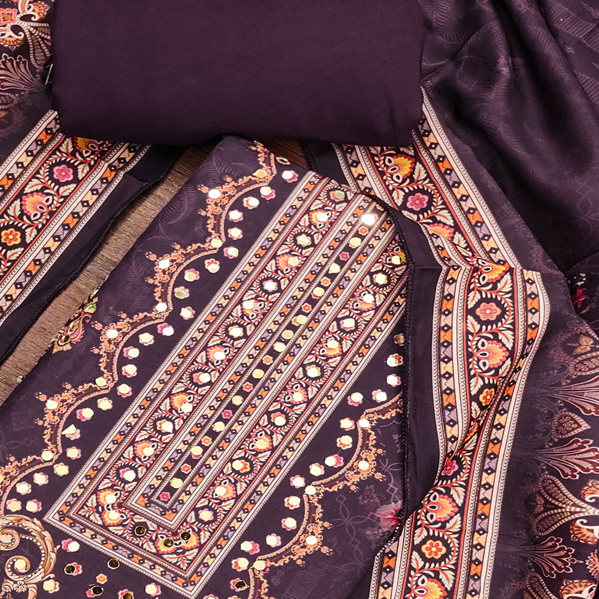 Wine Muslin Suit Fabric Featuring Floral Print & Stone Highlights