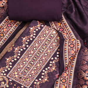 Wine Muslin Suit Fabric Featuring Floral Print & Stone Highlights