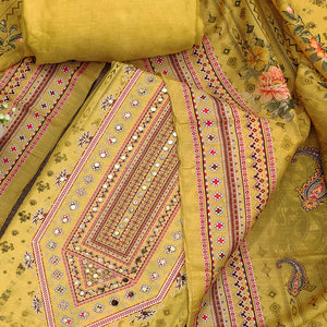 Mustard Dress Material in Muslin with Delicate Mirror Highlights