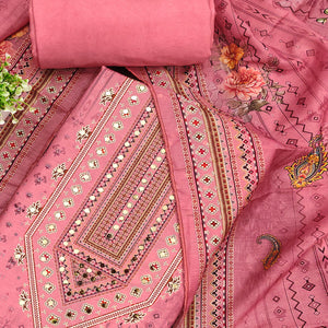 Pink Dress Material in Muslin with Delicate Mirror Highlights