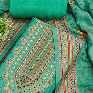 Sea Green Dress Material in Muslin with Delicate Mirror Highlights