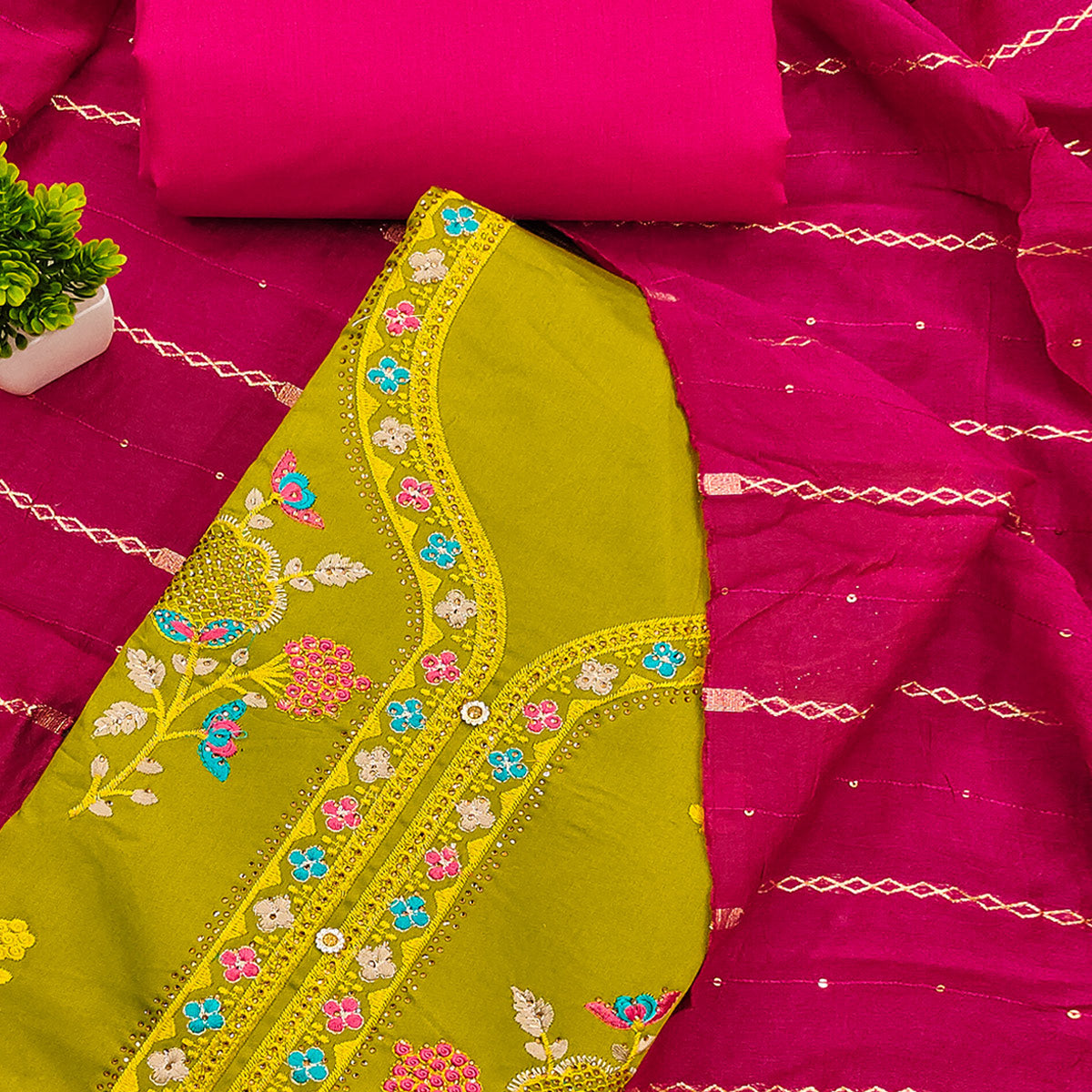 Elegant Mustard Floral Embroidered Cotton Dress Fabric for Custom Stitching