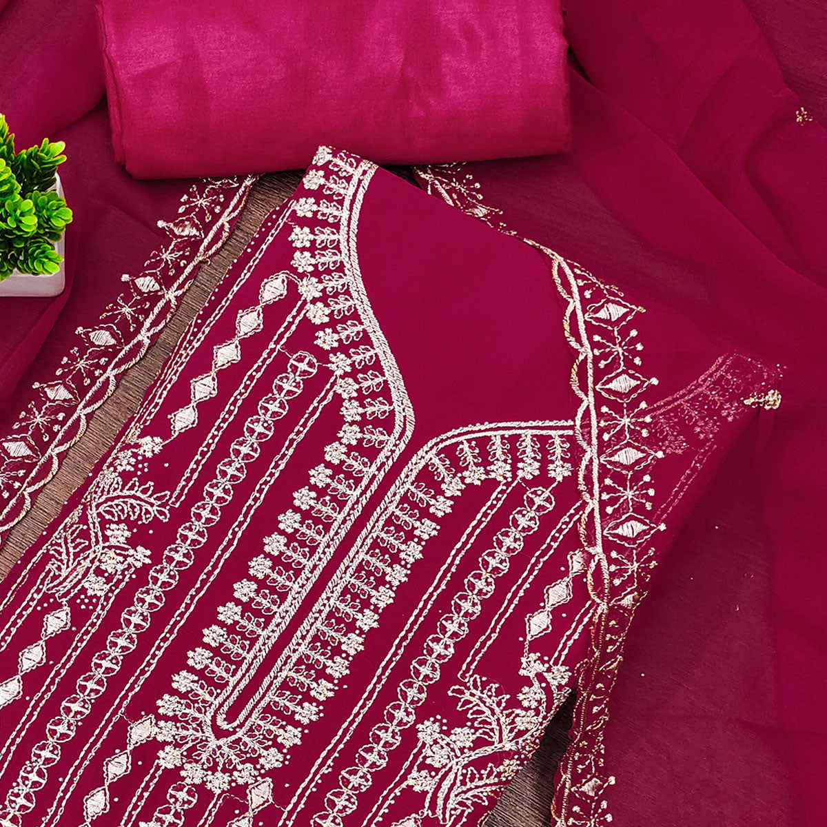 Pink Georgette Dress Material with Opulent Threadwork