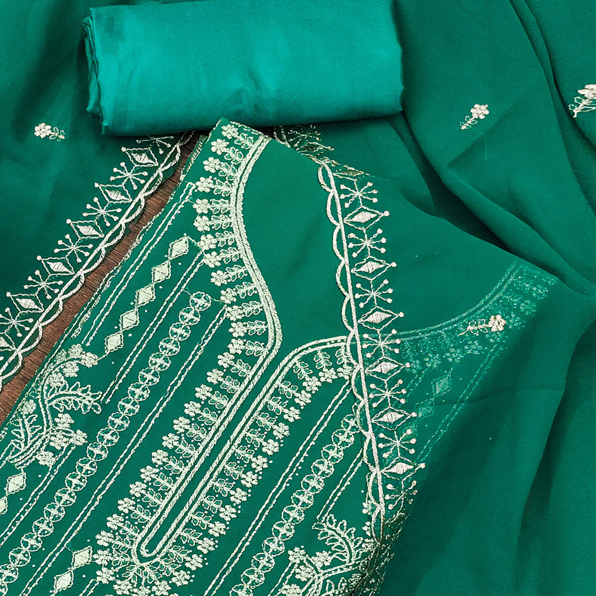 Rama Green Georgette Dress Material with Opulent Threadwork