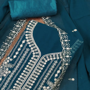 Teal Georgette Dress Material with Opulent Threadwork