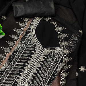 Heavy Thread Embroidered Black Georgette Unstitched Suit Material