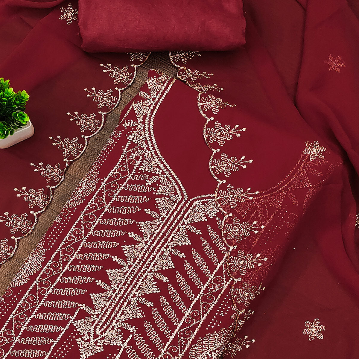 Heavy Thread Embroidered Maroon Georgette Unstitched Suit Material
