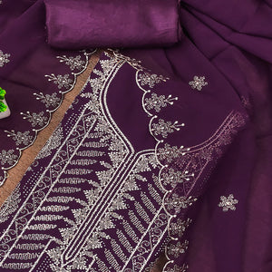 Heavy Thread Embroidered Purple Georgette Unstitched Suit Material