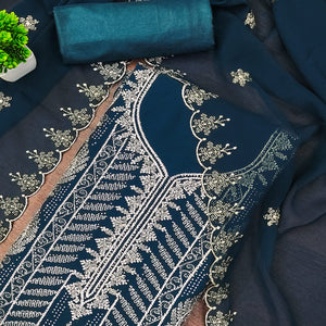 Heavy Thread Embroidered Teal Georgette Unstitched Suit Material