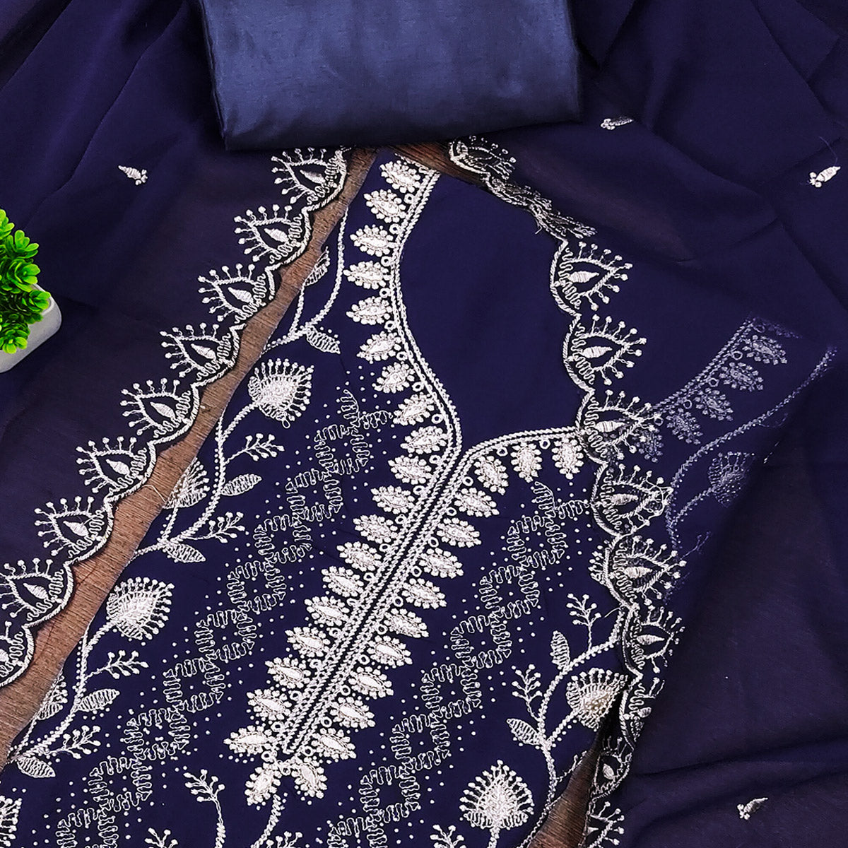 Blue Unstitched Georgette Suit Material Accented with Beautiful Thread Embroidery