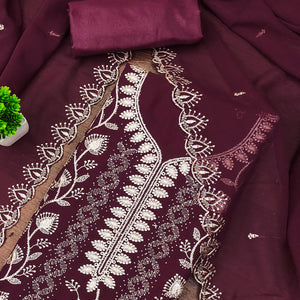 Wine Unstitched Georgette Suit Material Accented with Beautiful Thread Embroidery