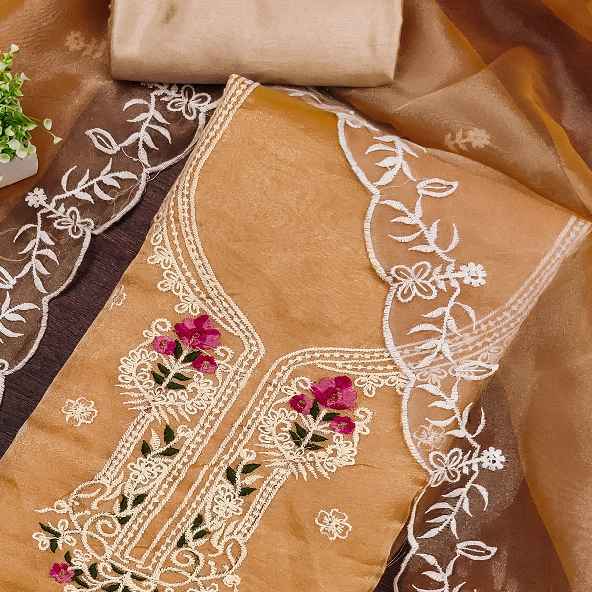 Lightweight Beige Organza Unstitched Suit Material with Intricate Floral Work