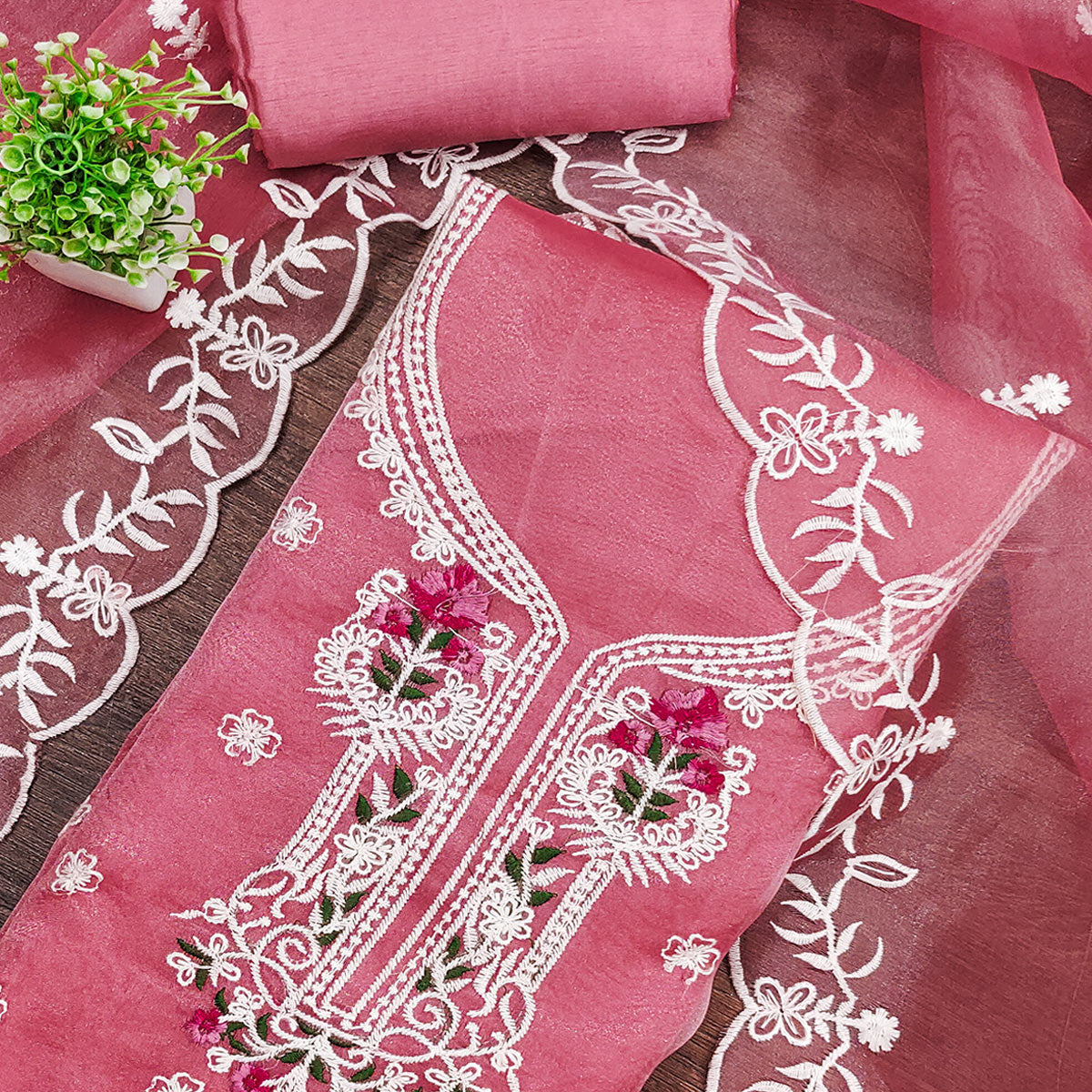 Lightweight Pink Organza Unstitched Suit Material with Intricate Floral Work