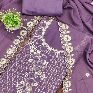Designer Lavender Floral Work Embroidered Georgette Unstitched Dress Material