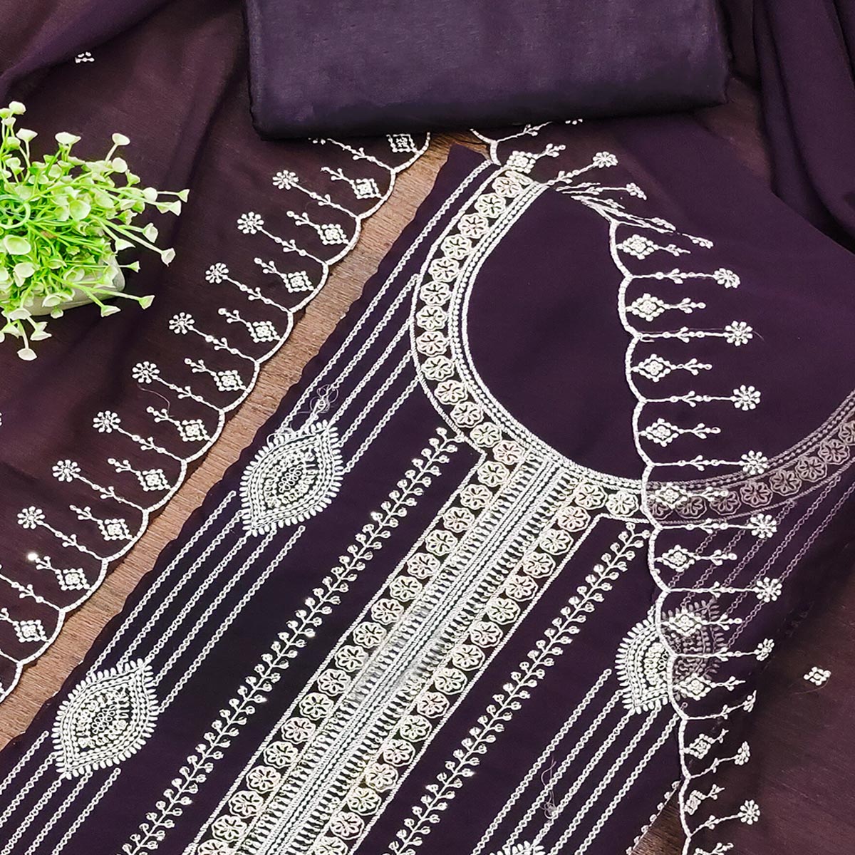 Purple Star Georgette Suit Fabric Highlighted with Fine Thread Embroidery Work