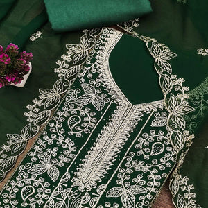 Green Star Georgette Unstitched Dress Material with Intricate Embroidery Work