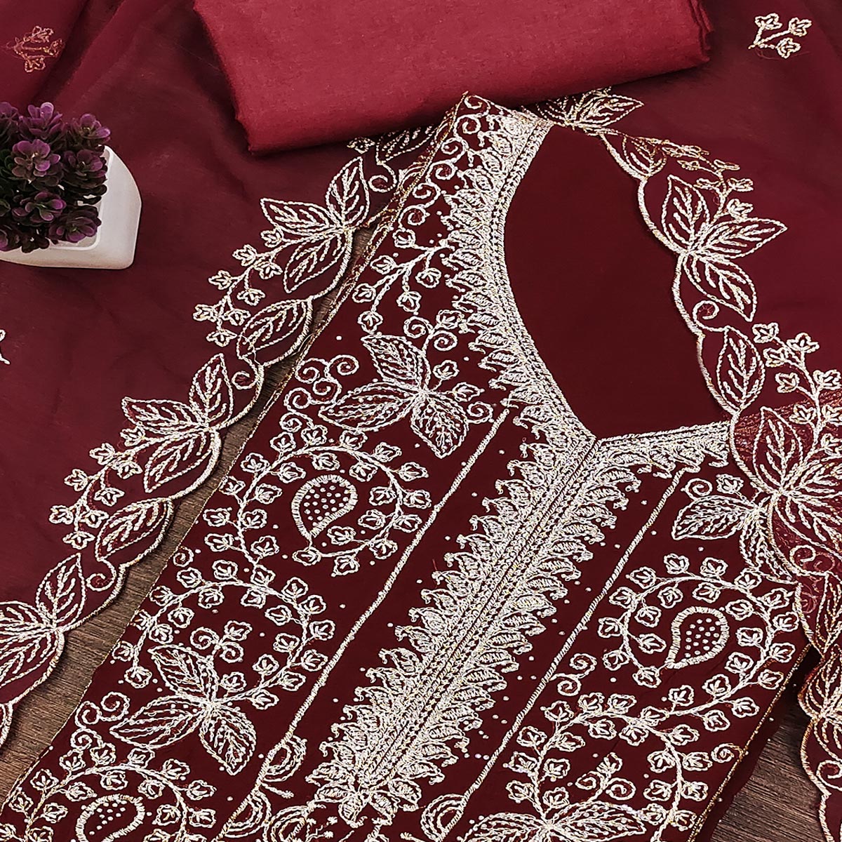 Maroon Star Georgette Unstitched Dress Material with Intricate Embroidery Work