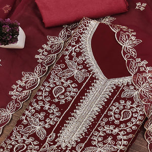 Maroon Star Georgette Unstitched Dress Material with Intricate Embroidery Work