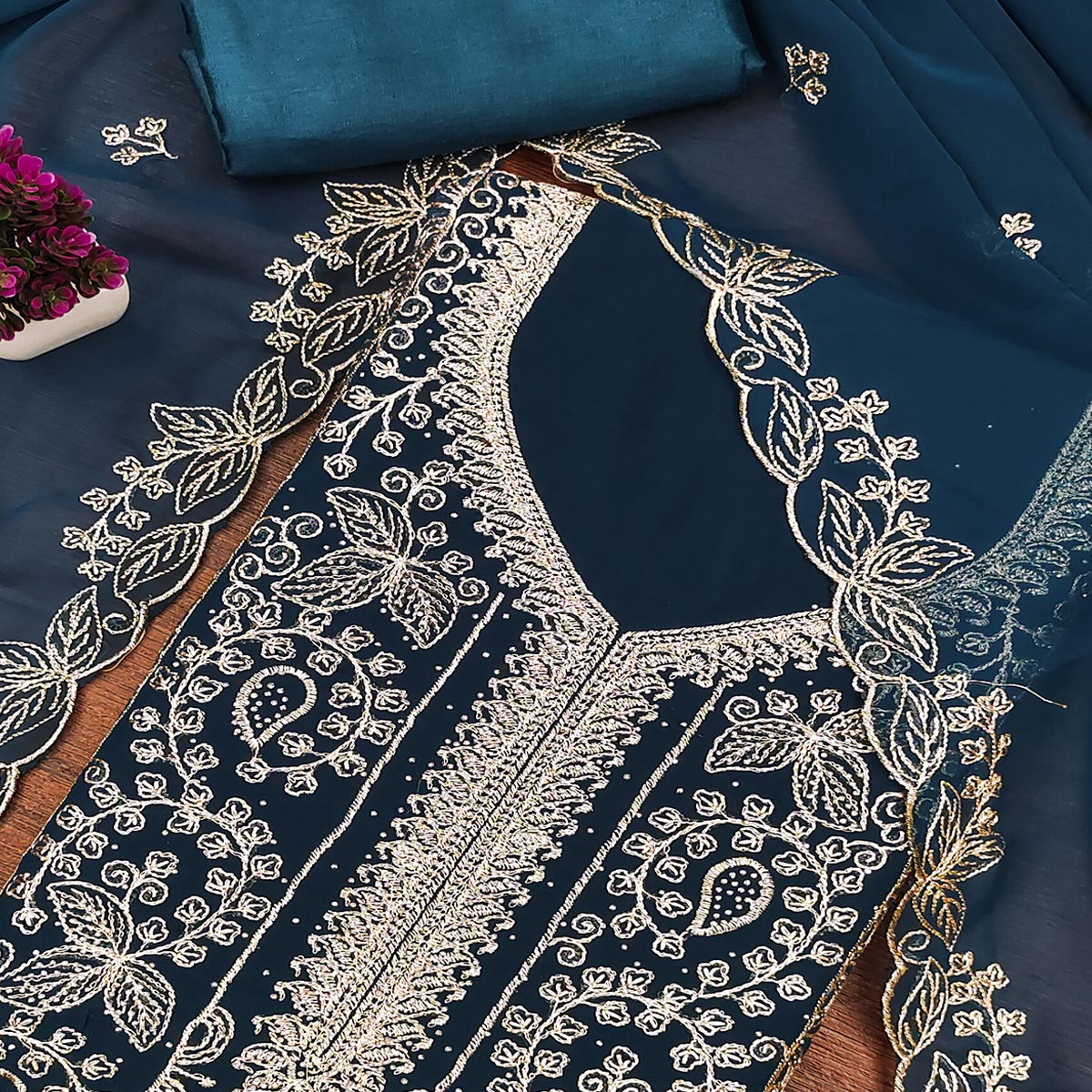 Teal Star Georgette Unstitched Dress Material with Intricate Embroidery Work