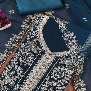 Teal Star Georgette Unstitched Dress Material with Intricate Embroidery Work