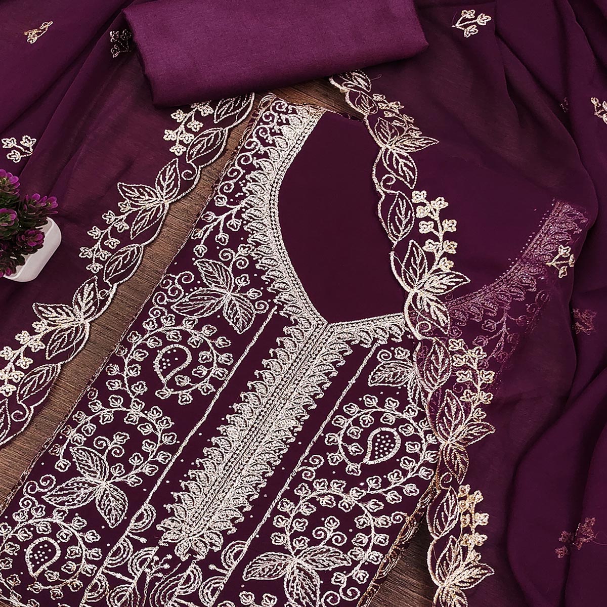 Wine Star Georgette Unstitched Dress Material with Intricate Embroidery Work