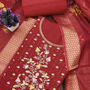 Soft Maroon Cotton Blend Unstitched Suit Material with Delicate Floral Embroidery