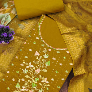 Soft Olive Cotton Blend Unstitched Suit Material with Delicate Floral Embroidery