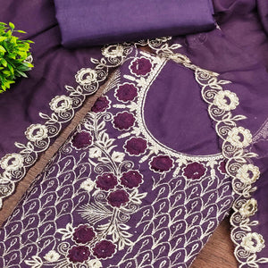 Purple Georgette Dress Material Decorated with Artistic Thread Embroidery Designs