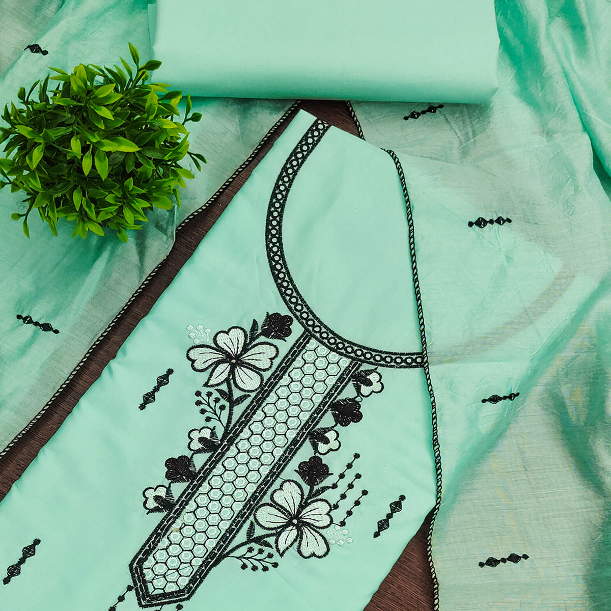 Elegant Sea Green Cotton Blend Dress Material with Delicate Thread Embroidered Detailing