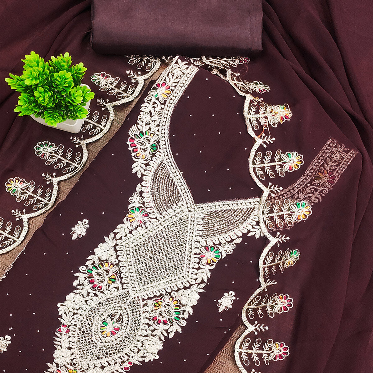 Brown Georgette Dress Material Adorned With Elegant Floral Embroidery & Shimmering Swarovski Work